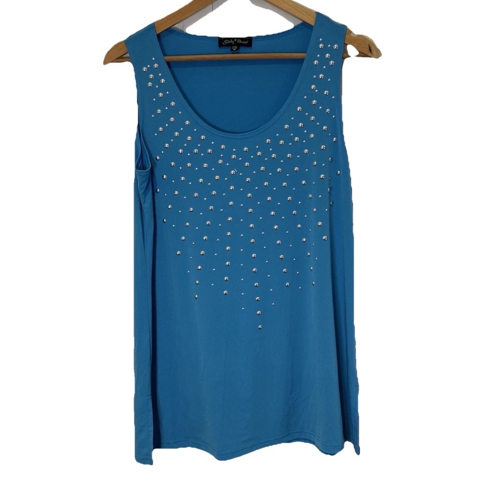 Slinky Brand Womens Tank Top M Blue Studded Stretch Sleeveless Tunic USA Made